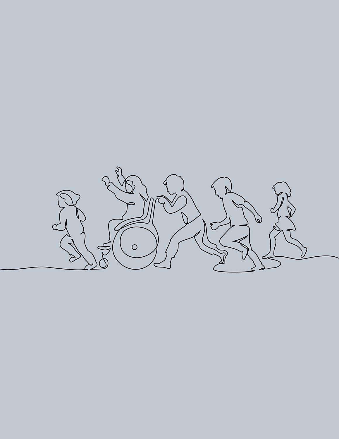 Children running together, including one in wheelchair.